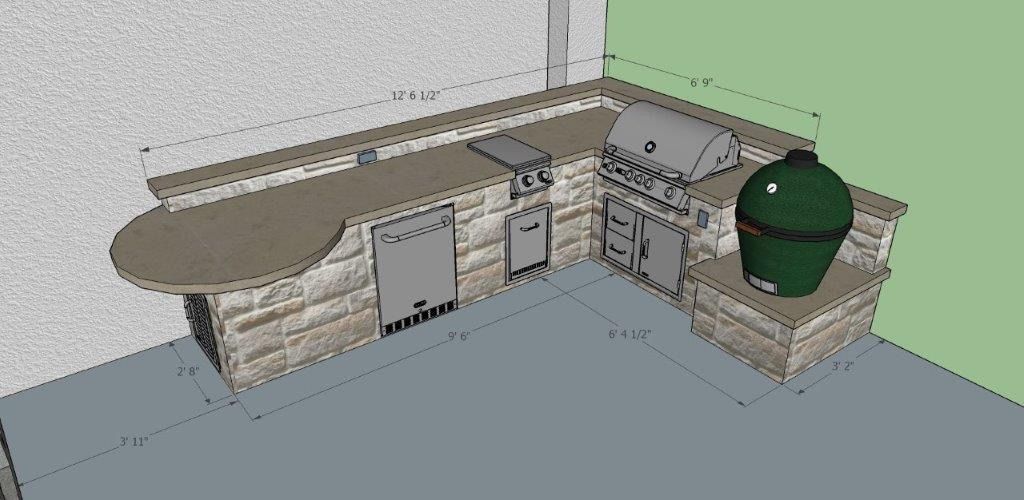 A 3d model of a kitchen with a grill and a green egg