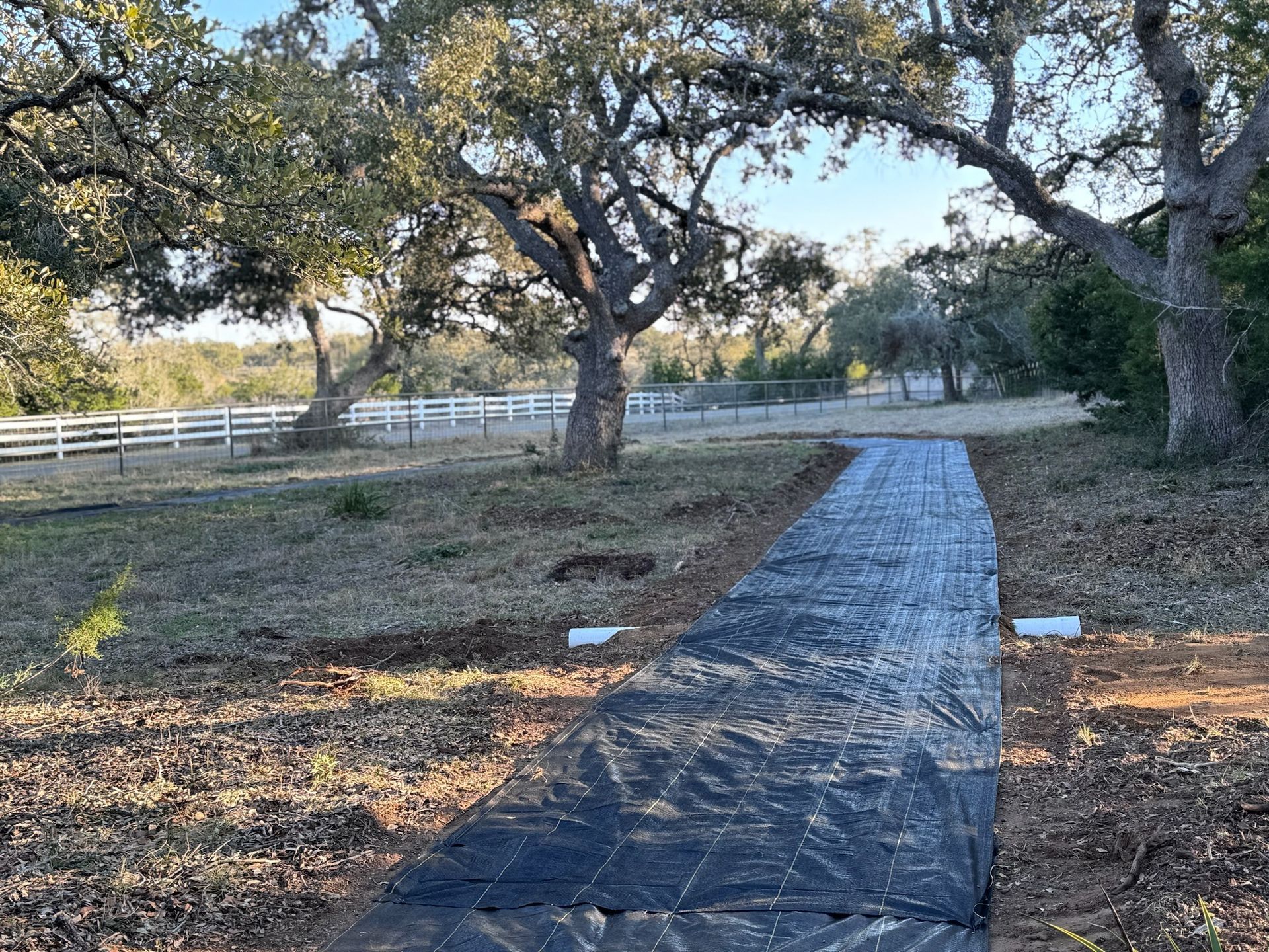 A concrete walkway in a field with trees and a fence in the background.