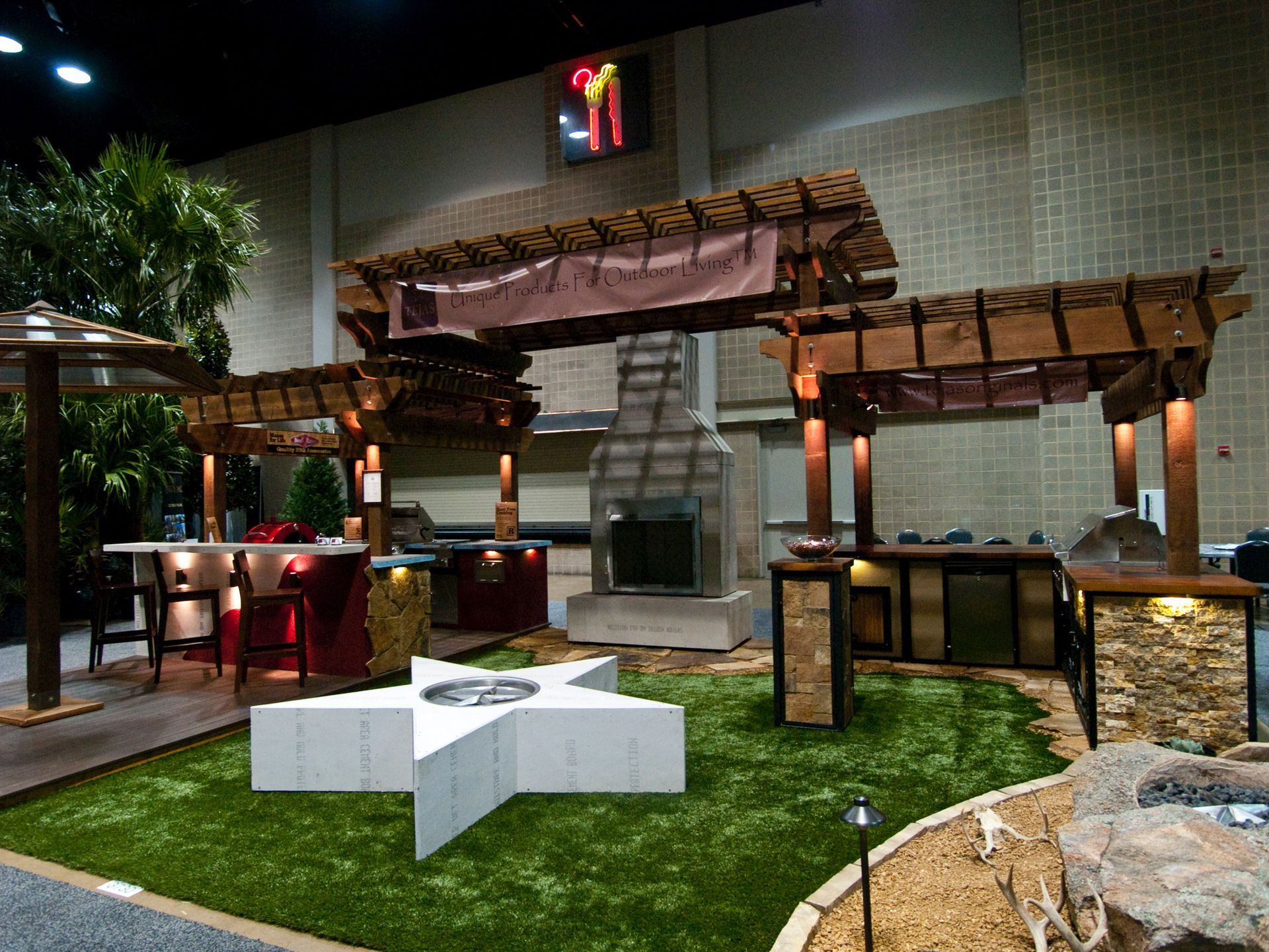 A large room with a lot of furniture and a sign that says ' texas ' on it