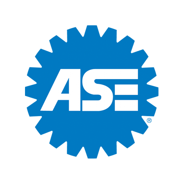 Blue ASE logo inside a gear-shaped emblem with white letters