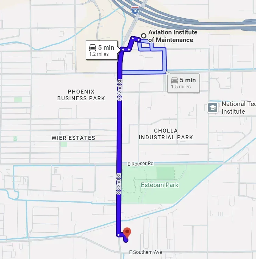 Blue route map from a red marker to Australian Institute of Maintenance, with 5-min walk labels