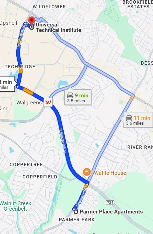 Map showing a blue walking route from Parker Place Apartments to Walgreens and Universal Technical Institute.