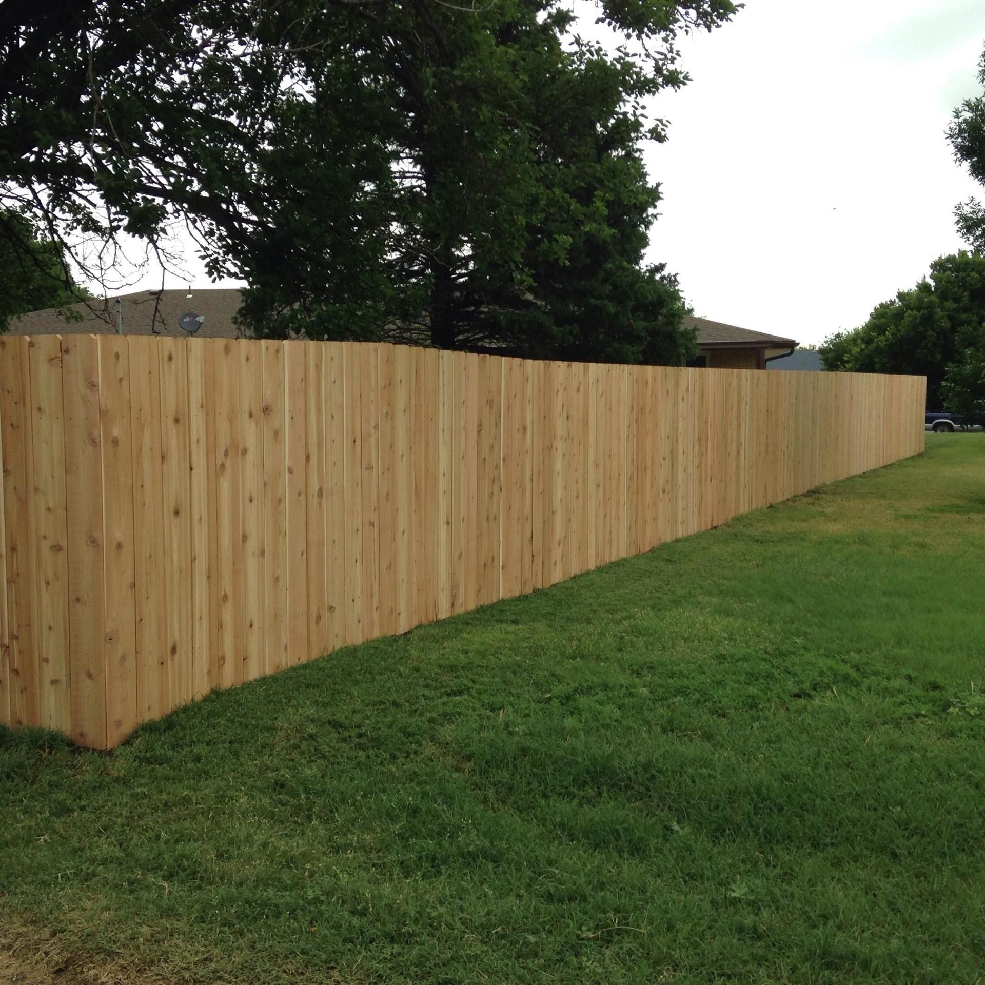 A tall, light-colored wooden privacy fence stands on a grassy lawn next to large trees under a cloudy sky.