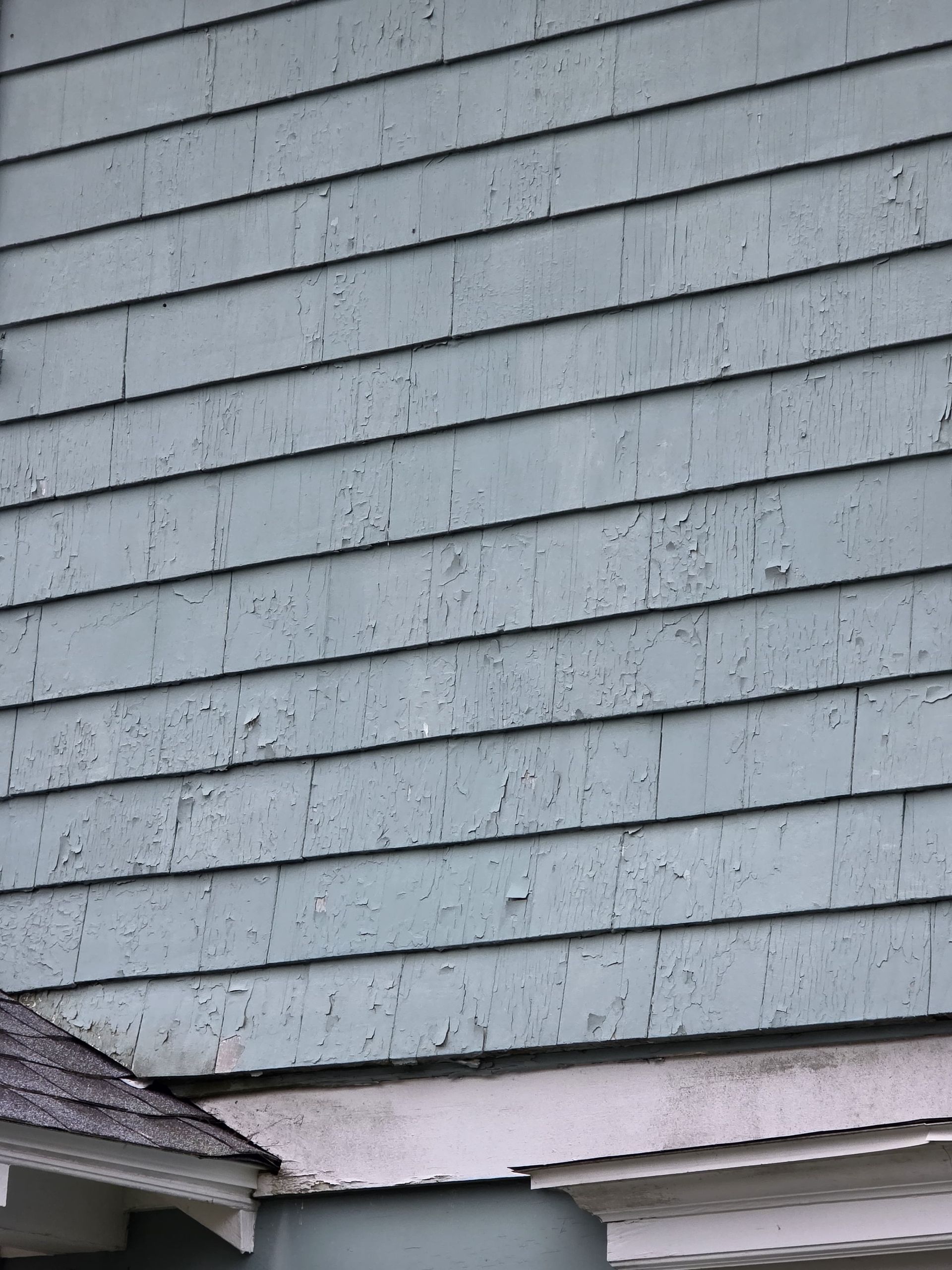 Blue-gray house siding with white trim and a small section of roof shingles at the bottom left.