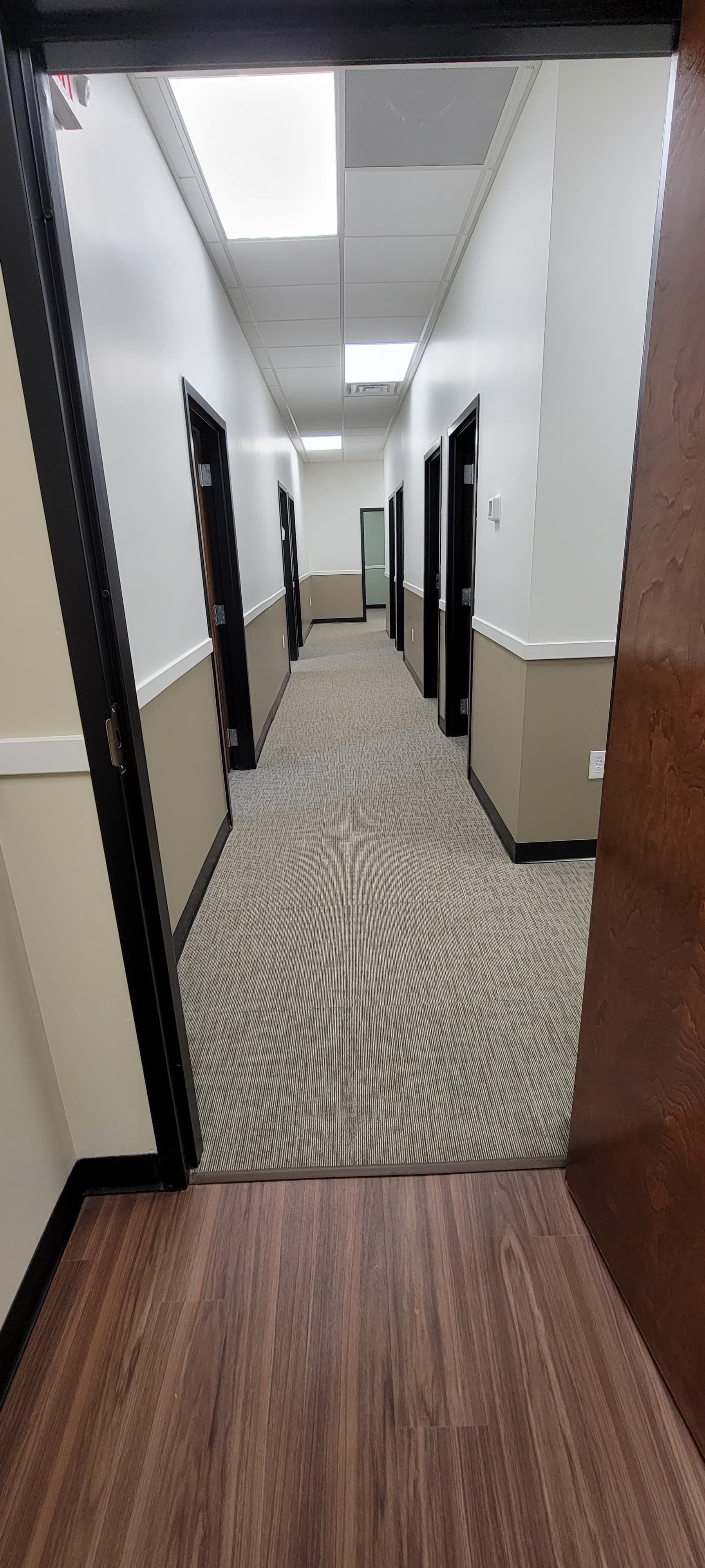 Narrow hotel hallway with patterned carpet, white walls, and dark doors under fluorescent lighting