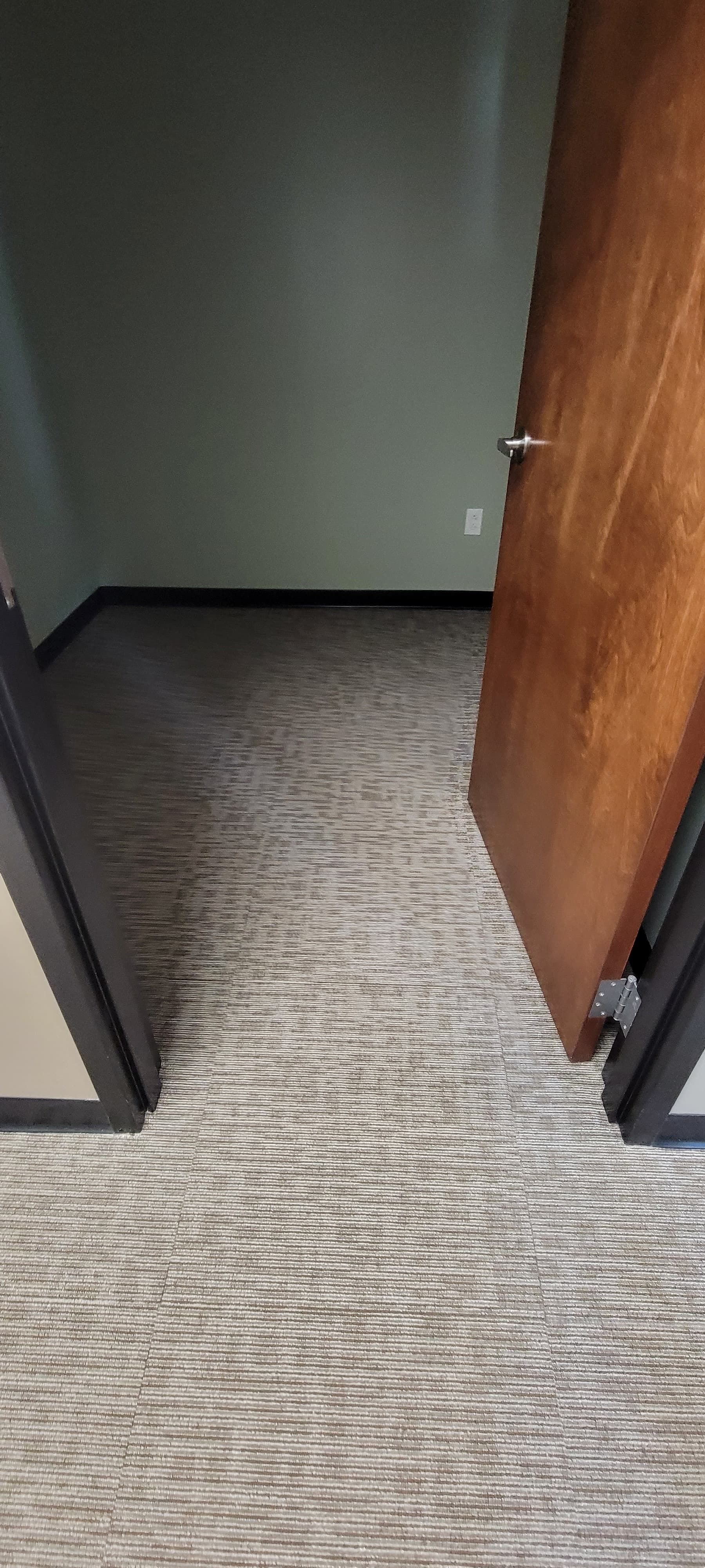 Open wooden door leading to a dim carpeted hallway
