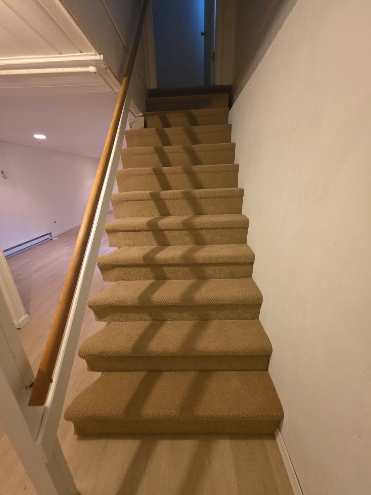 Carpeted indoor staircase with white walls and a wooden handrail, viewed from the bottom up