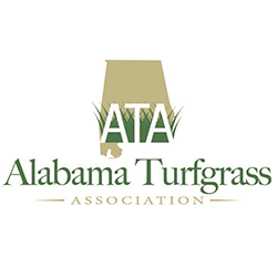 Logo for the Alabama Turfgrass Association featuring the shape of Alabama in tan with green grass and white