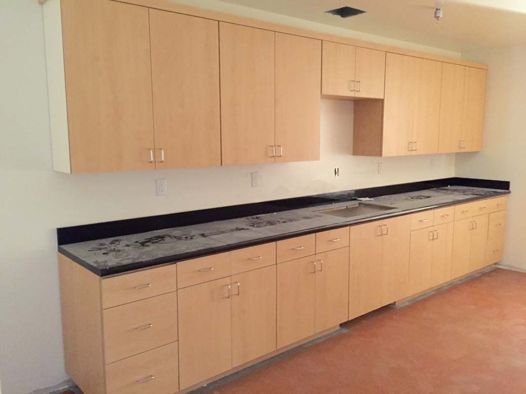 Light wood cabinets, dark countertop, and a white wall in a kitchen or laboratory setting.
