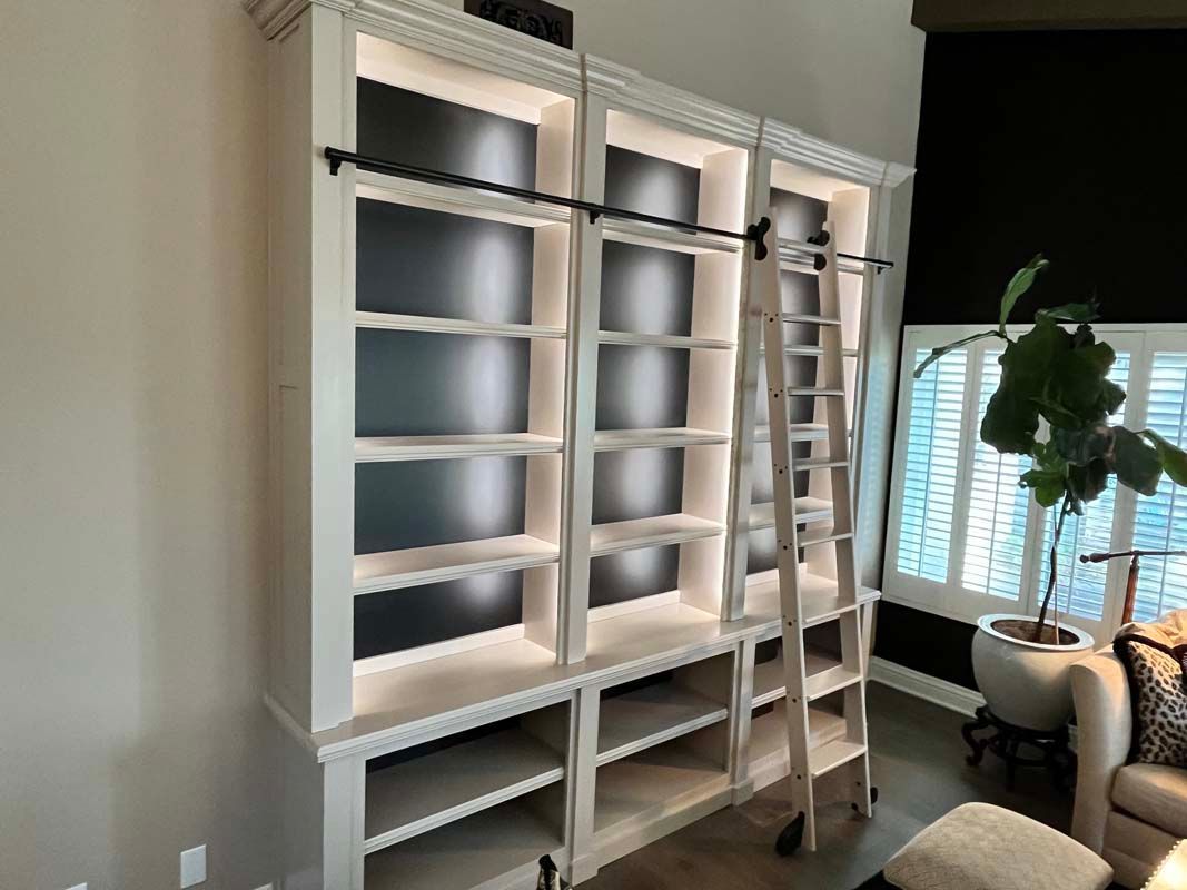 White built-in bookshelves with black backing and a rolling ladder, lit from within, next to a window and plant.