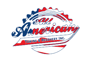 Logo for All American Towing & Recovery Inc. with red, white, and blue patriotic design.