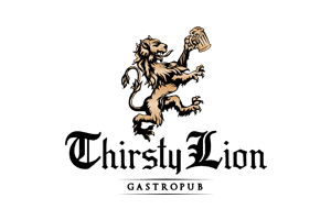 Thirsty Lion Gastropub logo: lion holding beer mug, black text on white.