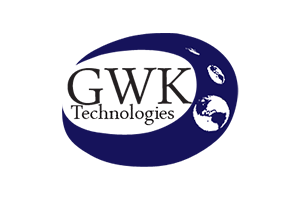 Logo for GWK Technologies: dark blue oval with stylized globe and initials