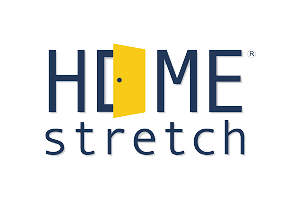 Logo for Home Stretch; dark blue text with a yellow door opening in the word