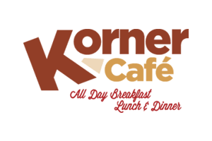 Korner Café logo with brown and tan text; all-day breakfast, lunch, & dinner.