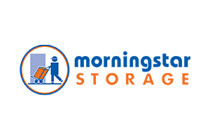 Logo for Morningstar Storage: a person pushing a cart into a storage unit, orange and blue.