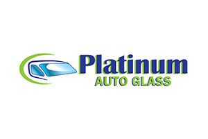 Logo for Platinum Auto Glass: Blue windshield graphic with green accents and company name.