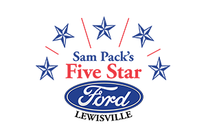 Logo for Sam Pack's Five Star Ford Lewisville. Features blue stars, Ford logo, and text on a white background.
