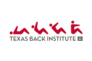 Texas Back Institute logo: Red figures in sequence illustrating spinal health, below text.