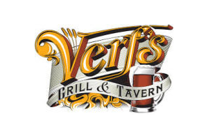 Ver's Grill & Tavern logo: ornate gold lettering, beer mug, arrows.