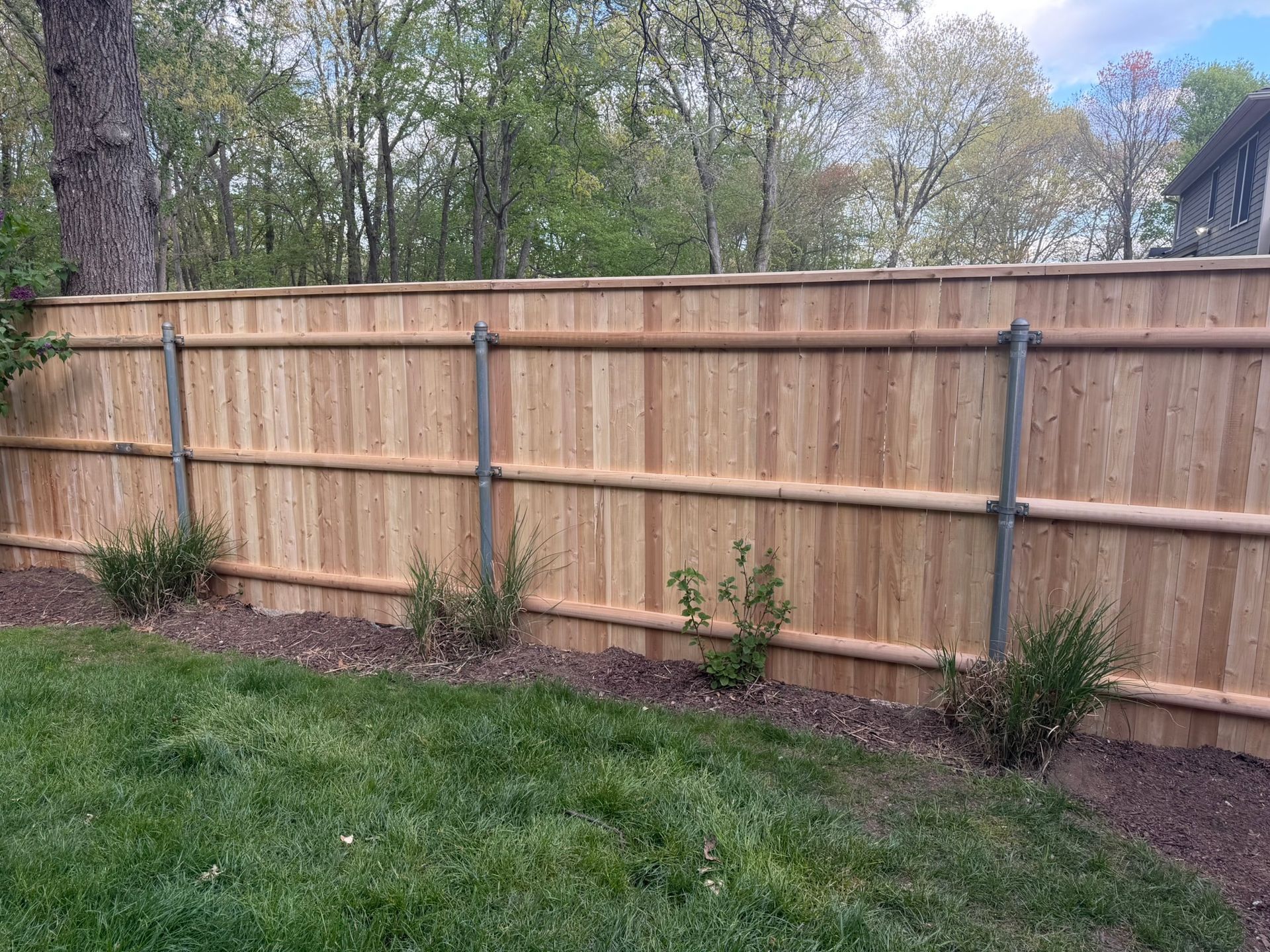 New wooden privacy fence along a grassy yard with small shrubs and trees in the background