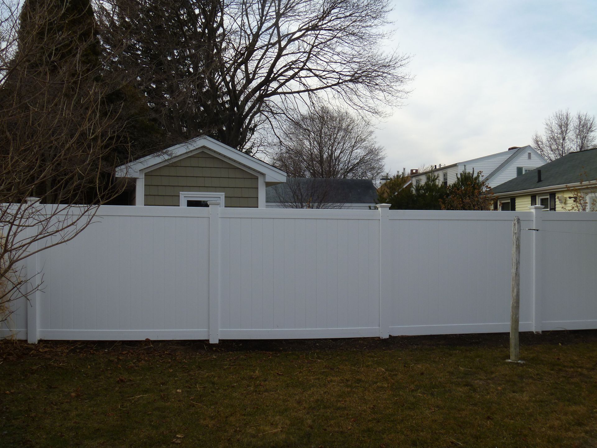 A white fence surrounds a backyard with a house in the background.