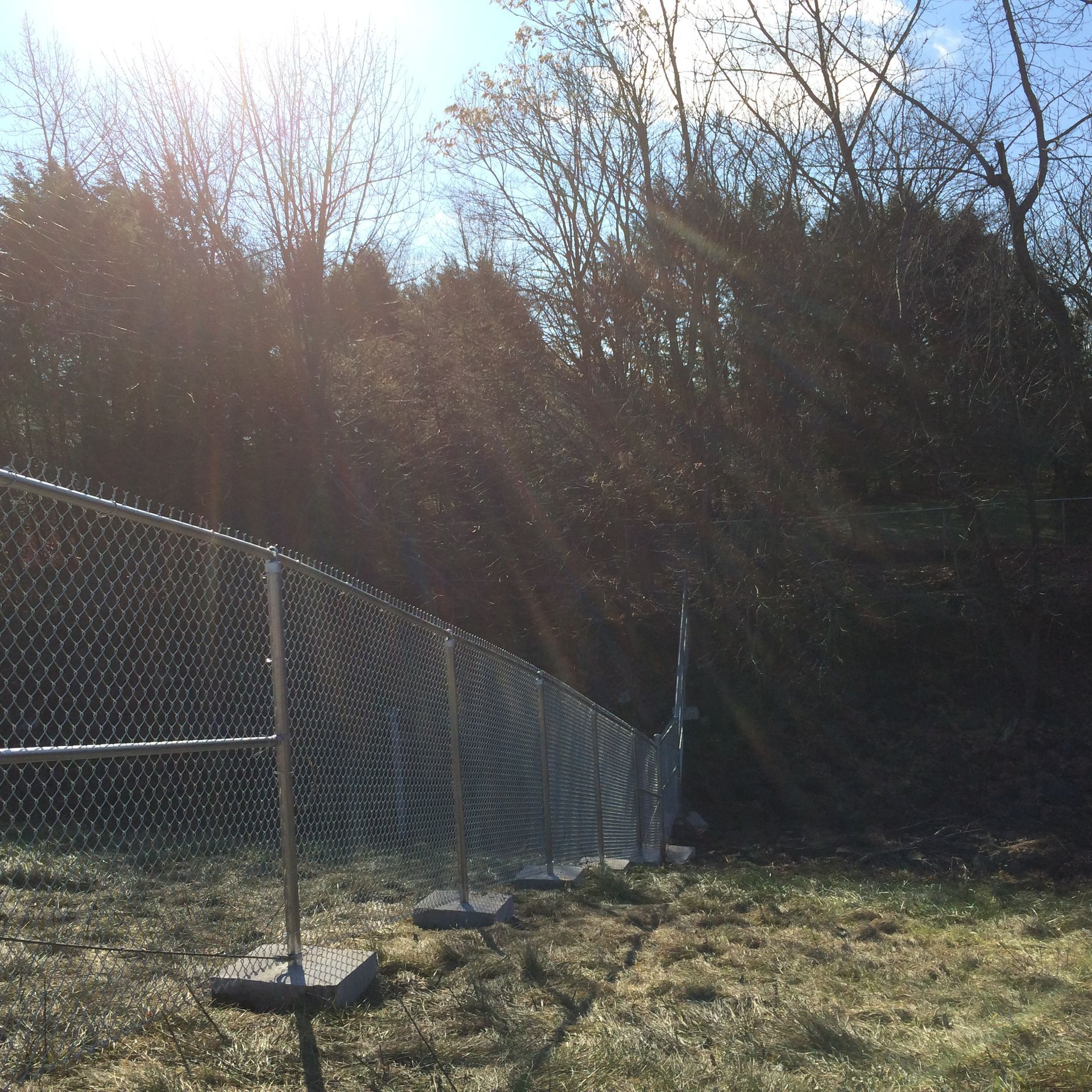 A chain link fence surrounds a field with trees in the background