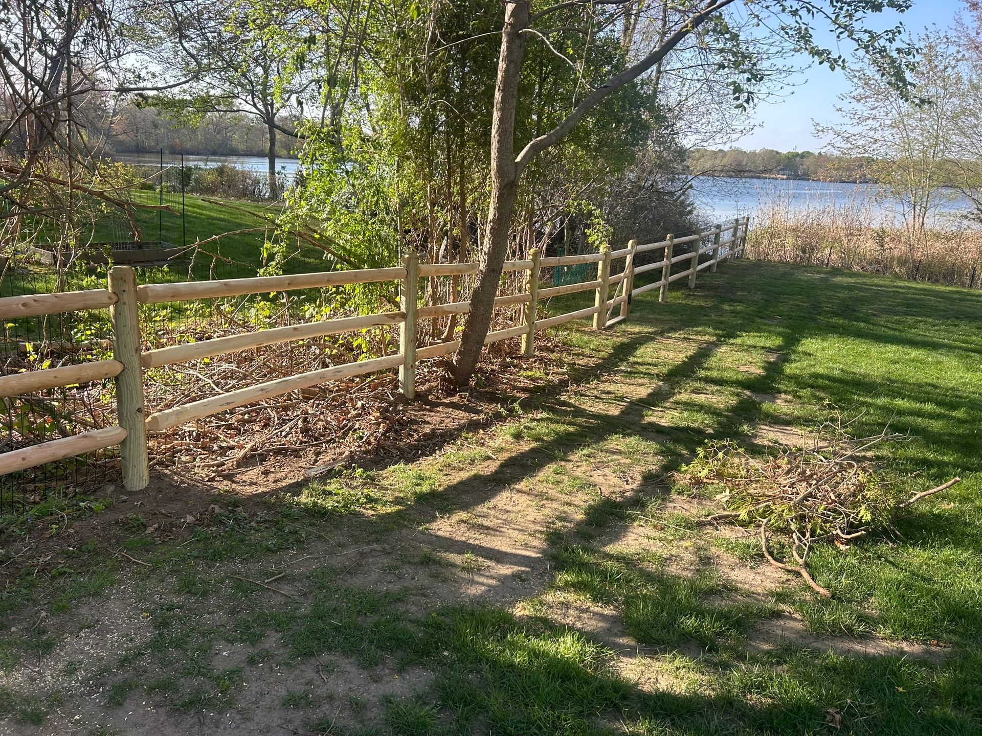 Wooden fence along a grassy path beside trees and a lake in bright sunlight