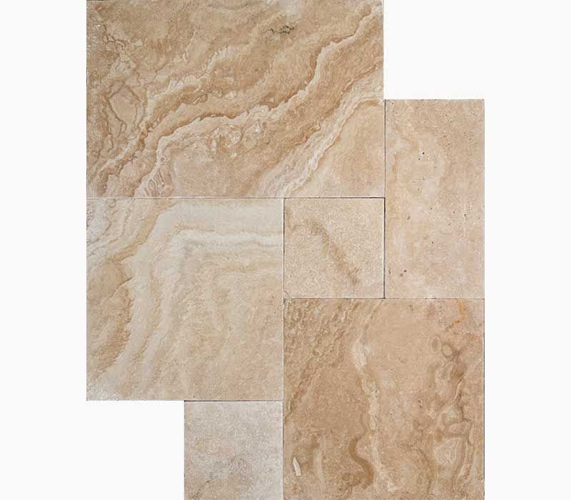 Tan and beige stone tile arrangement with veining.