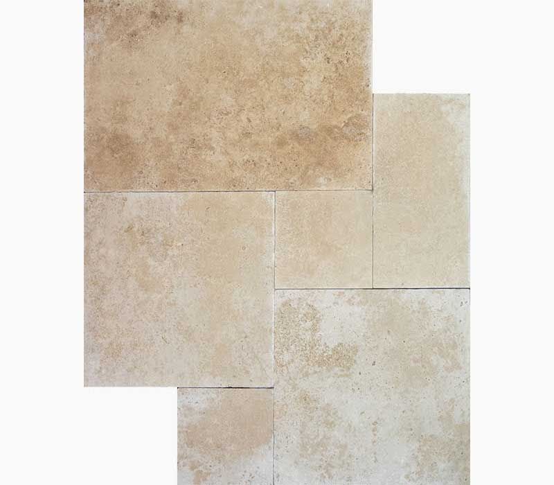 Beige and tan rectangular stone tiles in a scattered pattern.