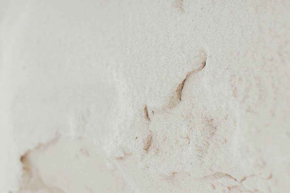 Close-up of a white, textured surface with dark brown stains in an organic shape.