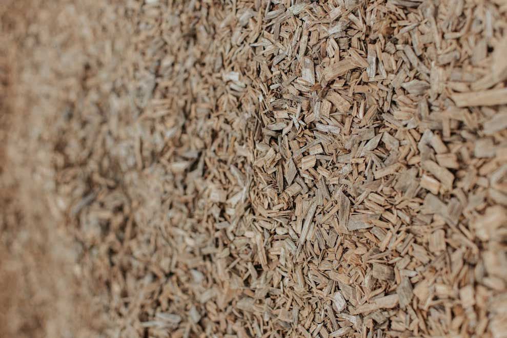 Close-up view of a pile of shredded, light brown wood chips.