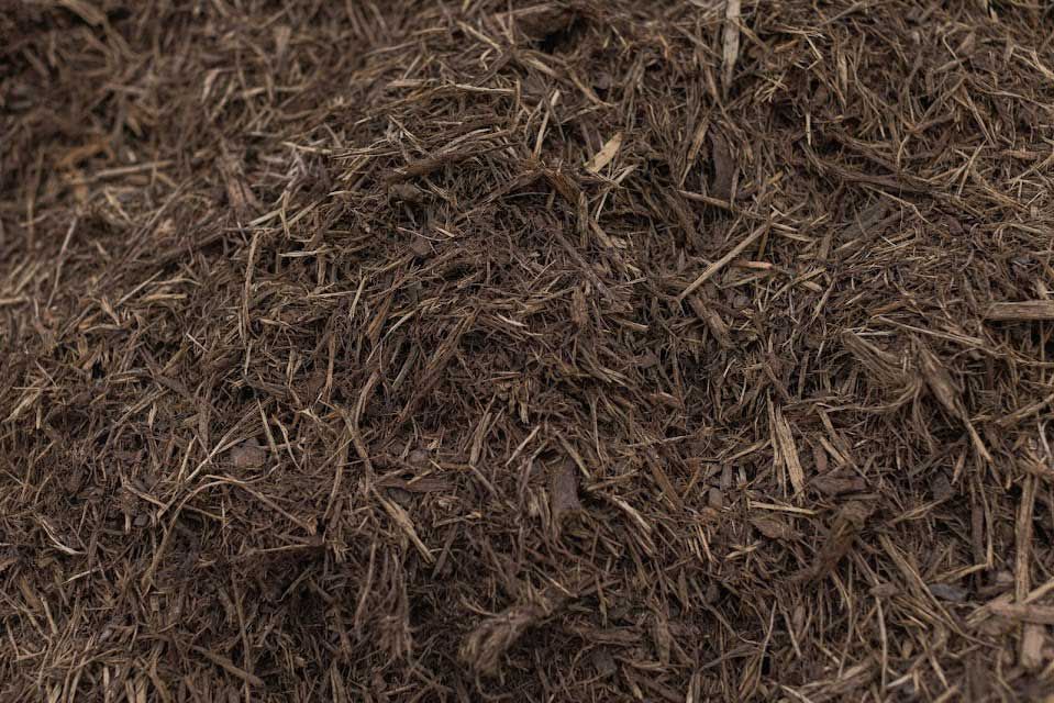Dark brown shredded wood mulch.