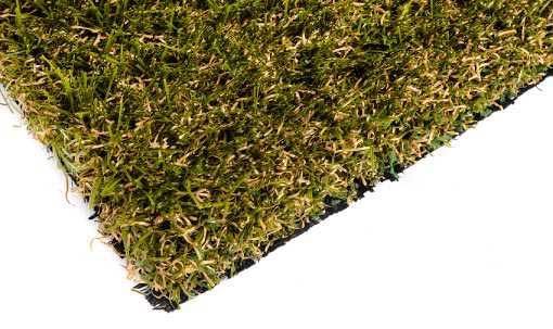 Close-up of a square of artificial turf with green and tan blades, black backing.