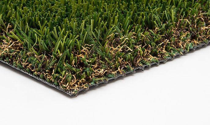 Close-up of artificial turf showing green blades with brown thatch, on a black backing, against a white background.