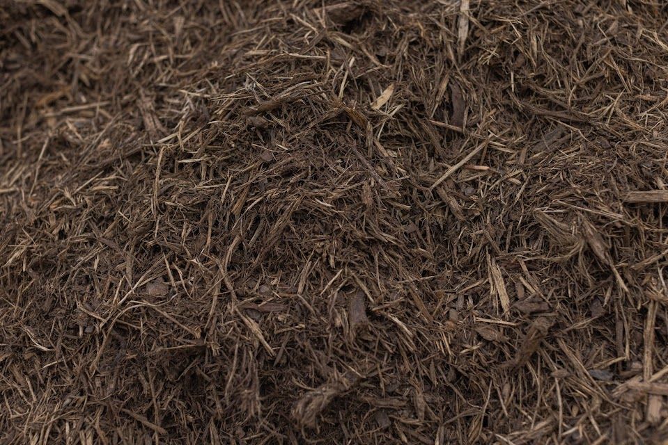 Dark brown shredded wood mulch.
