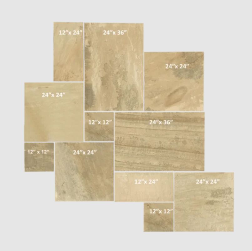 Arrangement of rectangular tiles in various sizes, labeled with their dimensions in inches, arranged in an irregular pattern.