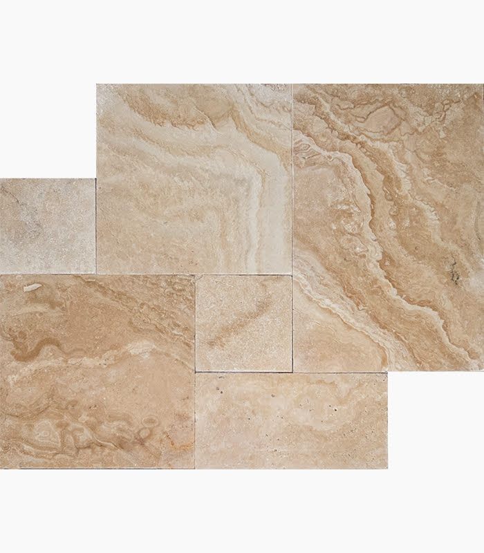 Beige and tan travertine tiles arranged in a random pattern, showcasing natural veining.