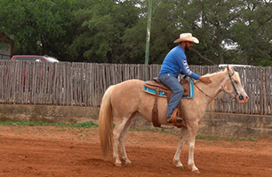 A man in a cowboy hat is riding a horse in a dirt field.