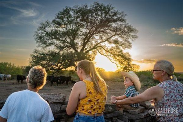 A group of people are standing in front of a tree at sunset.