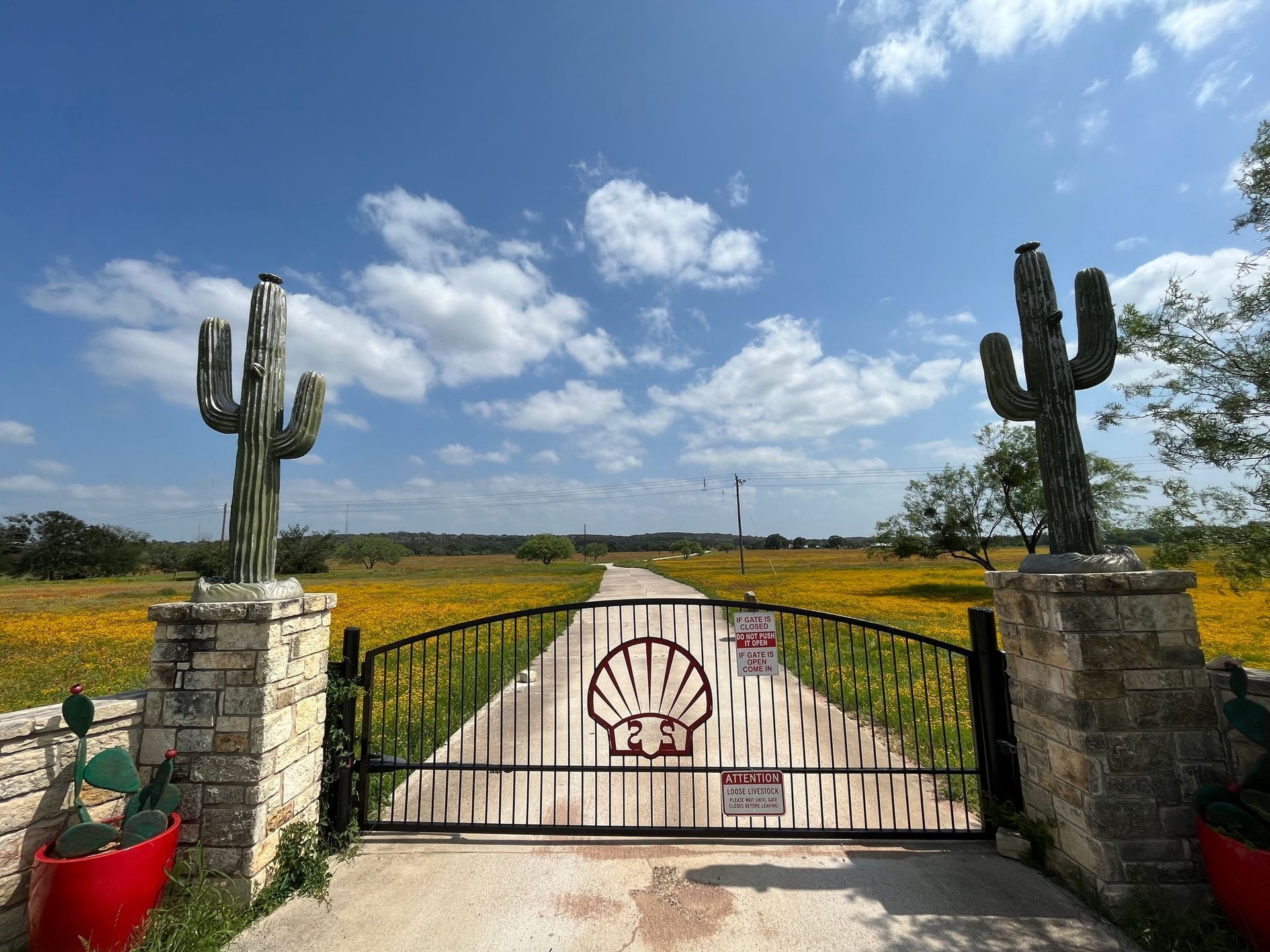 A gate with a shell on it is surrounded by cactus statues