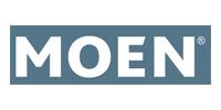 The Moen logo, white text on a blue rectangular background. The registered trademark symbol appears after the 