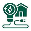 Green lightbulb with lightning bolt symbol attached to a house via a power cord.