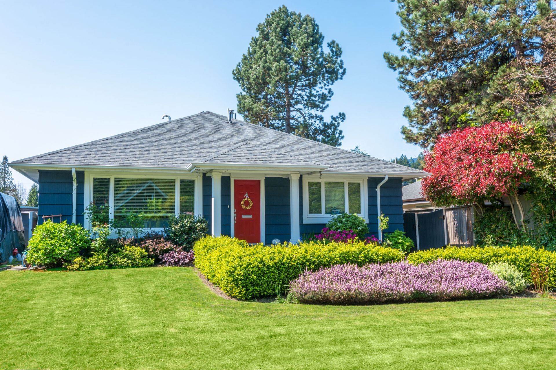Blue house with red door and colorful landscaping, lush green lawn, sunny day.