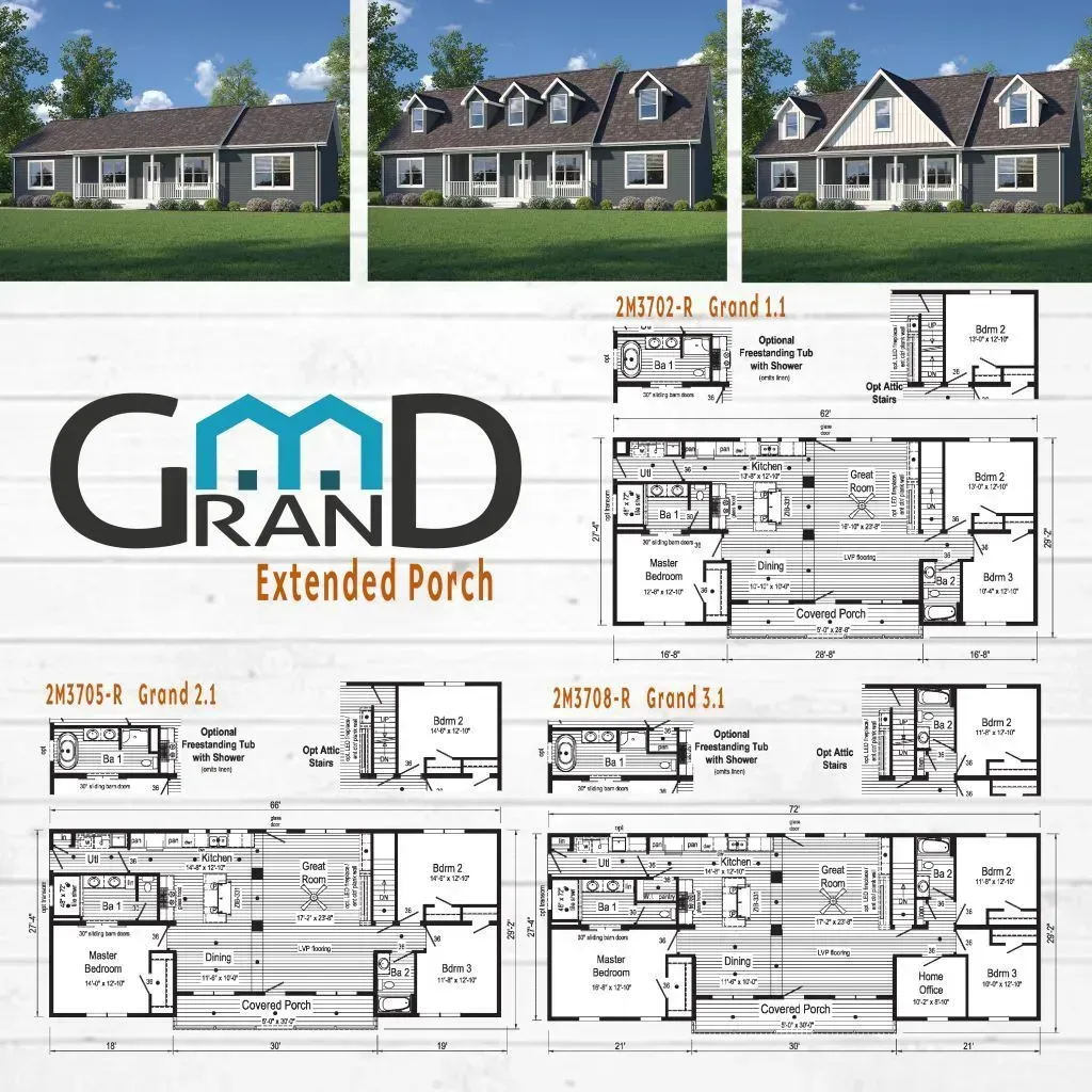 Three house renderings, floor plans, and a logo for