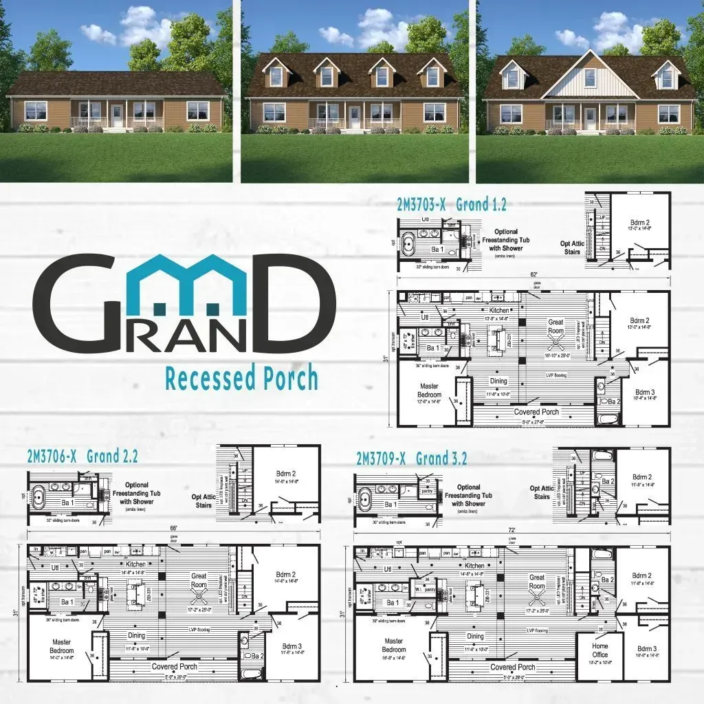 Three house renderings above blueprints, with