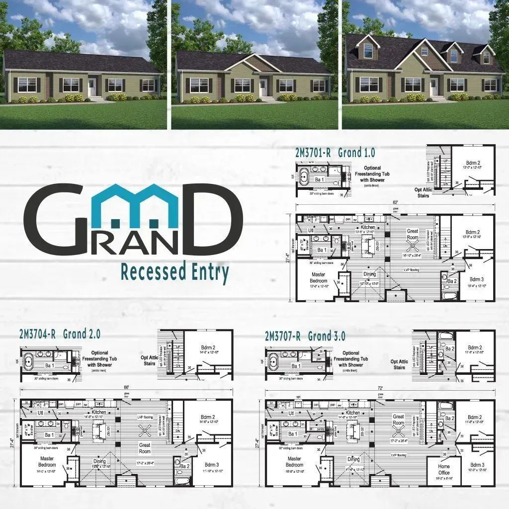 Collage: Grand Recessed Entry logo with house renderings and floor plans.