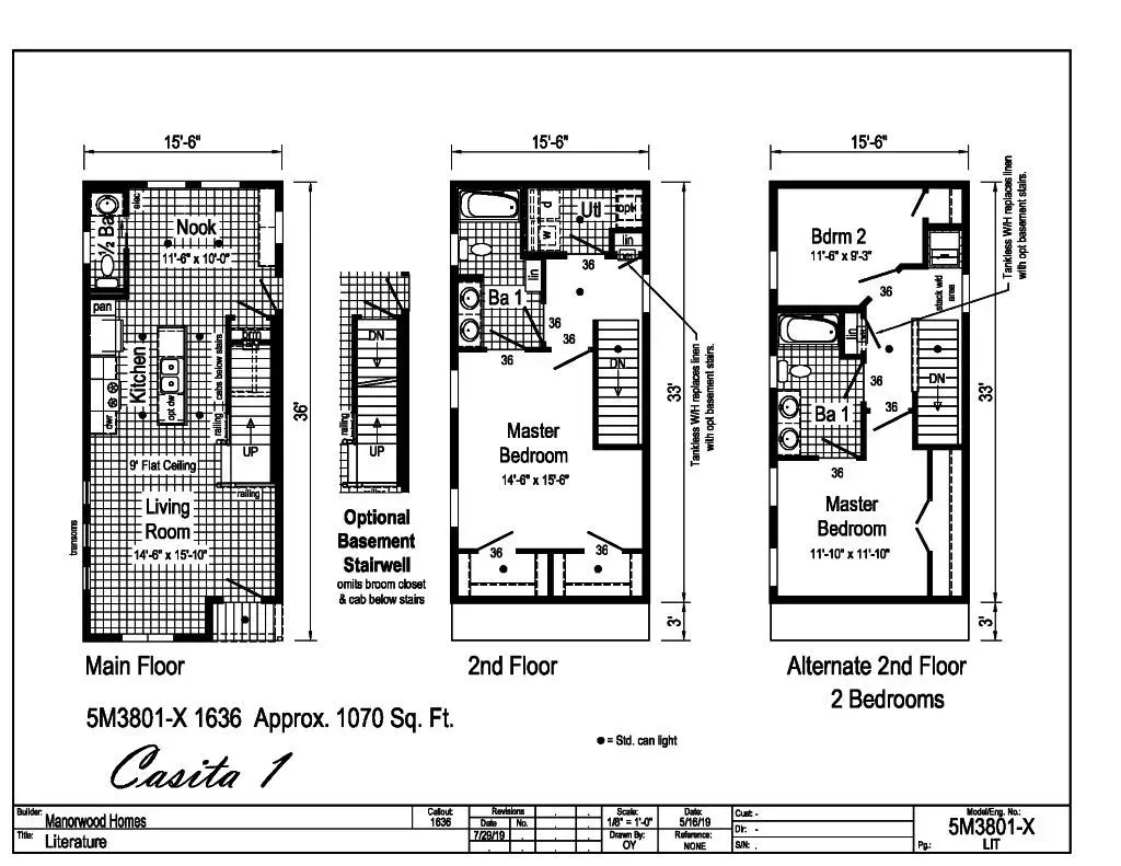 Floor plans of a two-story house with an alternate 2-bedroom option; dimensions, rooms, and Casita 1 noted.