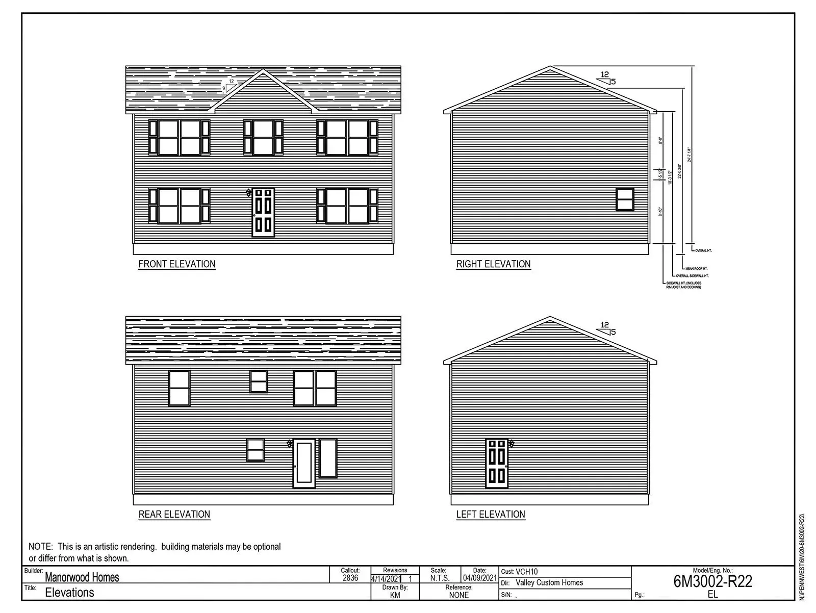 Architectural drawings of a two-story building's four exterior views, with siding and a gabled roof.
