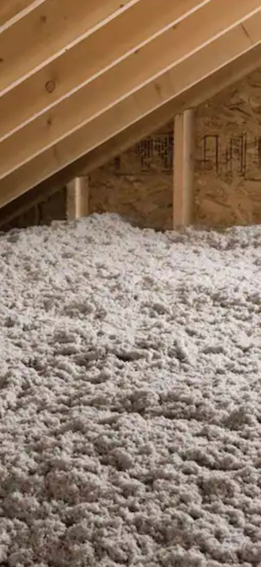 There is a lot of insulation in the attic of a house.